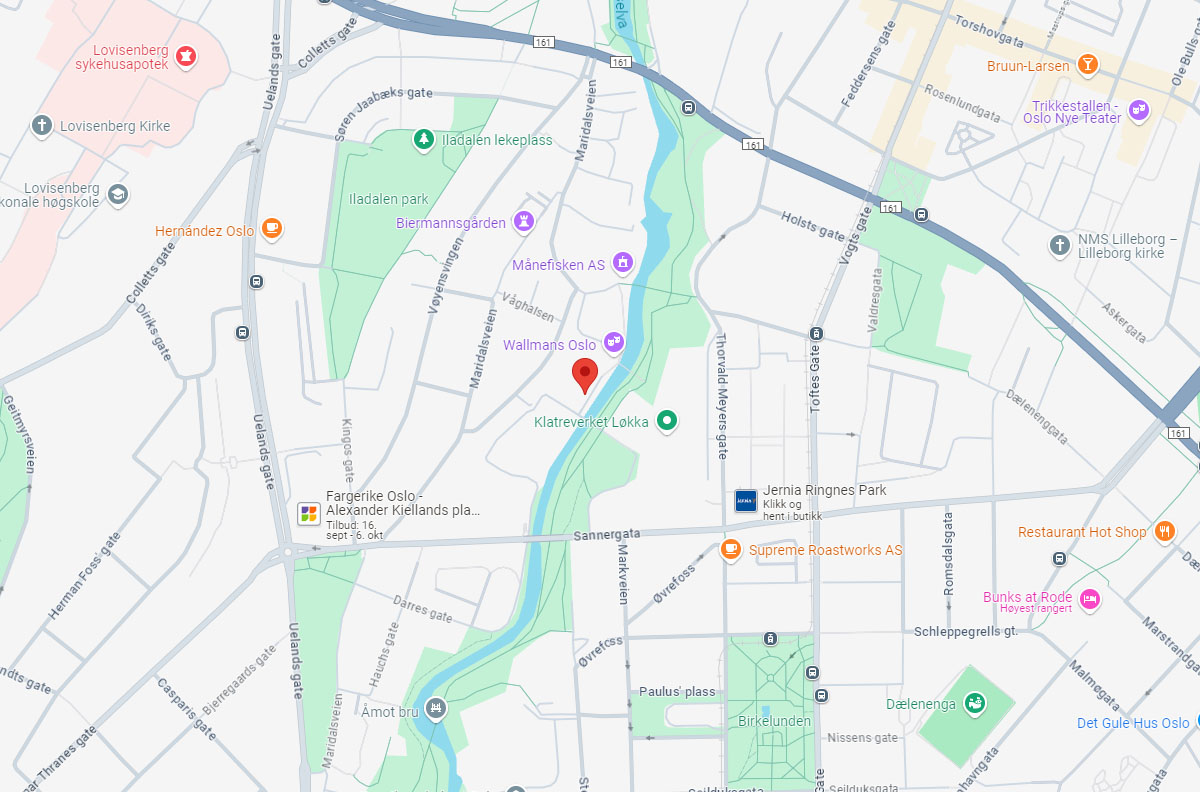 Zoomed in map pin pointing to Møllerparken 4 in Oslo City.